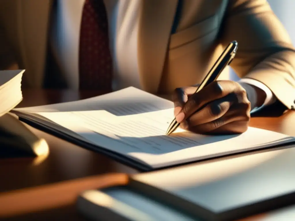 A diligent Insurance Adjuster examining policy documents under the radiant sunlight, meticulously taking note of crucial details to file an insurance claim with precision