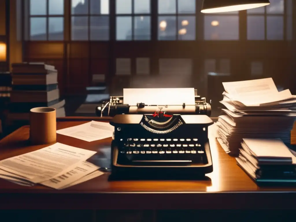 A determined person meticulously writes an insurance claim on a typewriter, surrounded by stacks of bills and receipts in a dimly lit office