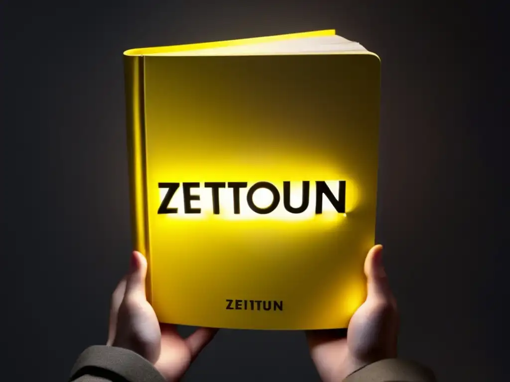 A scholarly figure holding a yellow book with 'Zeitoun' glowing in the foreground against a dark backdrop, lit from above by a dramatic light source