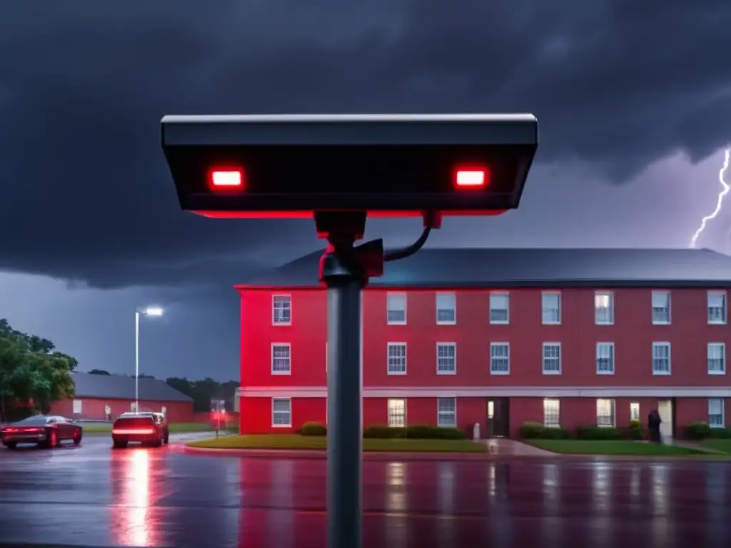 A highly cinematic digital pamphlet portrays a black security camera on a brick building amidst a stormy sky, guarded by three red-LED-lit cameras