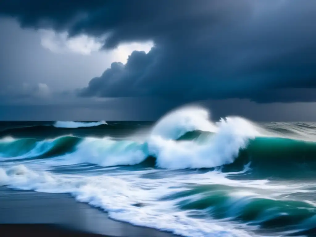 A tempestuous ocean reveals its ominous power as waves tower over the shore and lightning ignites the clouds above