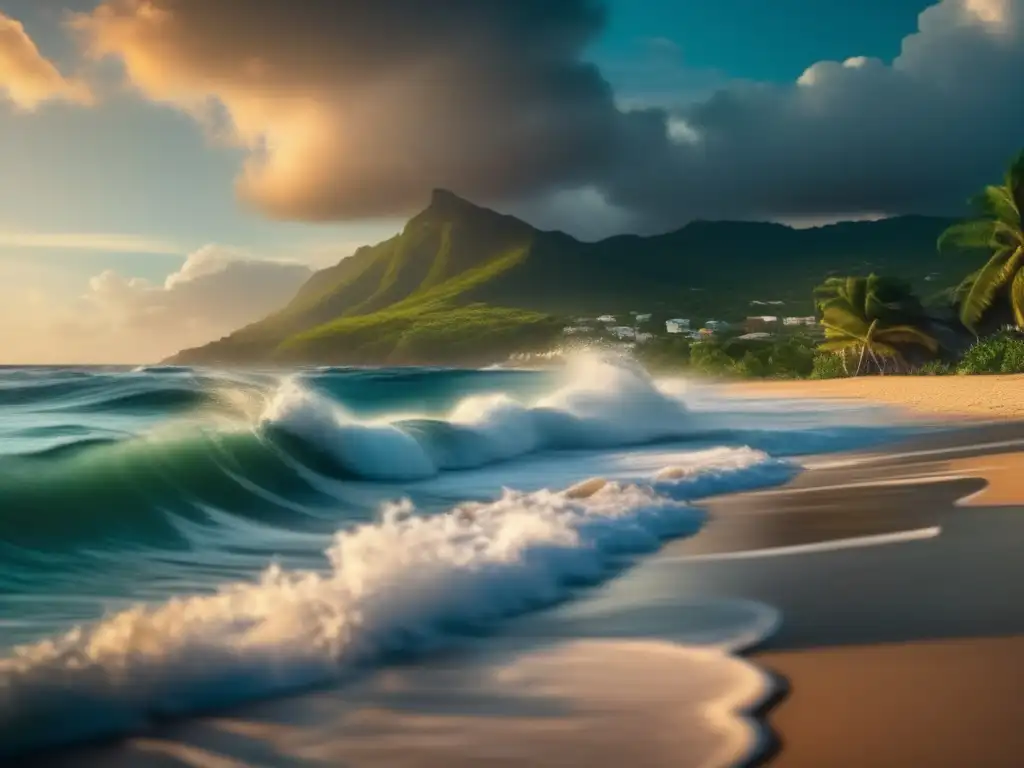 A stunning, cinematic shot of the Jamaican coastline, with vibrant colors and waves crashing against the shore