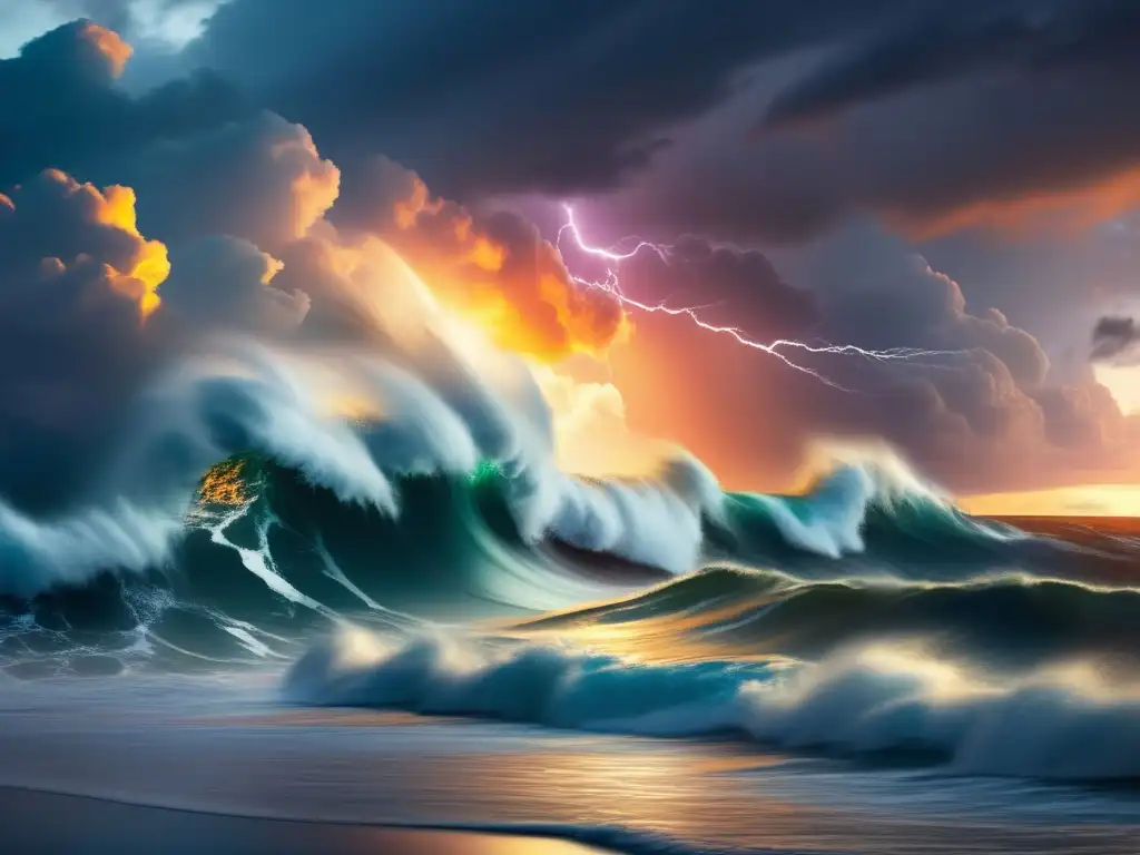 The splendor of the Atlantic Ocean's tempestuous spirit, captured in a cinematic masterpiece of iridescent hues and thunderous lighting