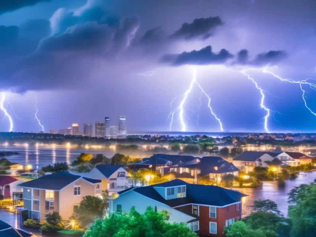 A thrilling, elemental image of a hurricane ravaging cities, with torrential rain, ferocious winds, and lightning illuminating the stormy sky