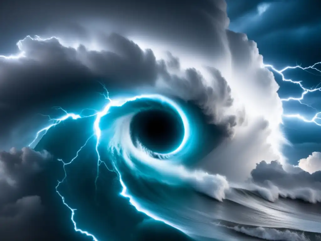 A tempestuous hurricane eye dominates the dark sky with swirling clouds, crashing waves, and lightning bolts