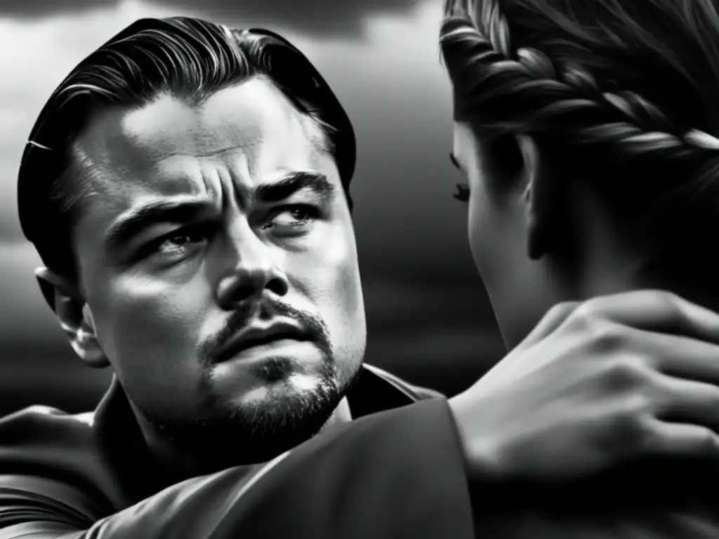 An eerie black and white portrait of Leonardo DiCaprio's face in intense focus, as thunder rolls in the background