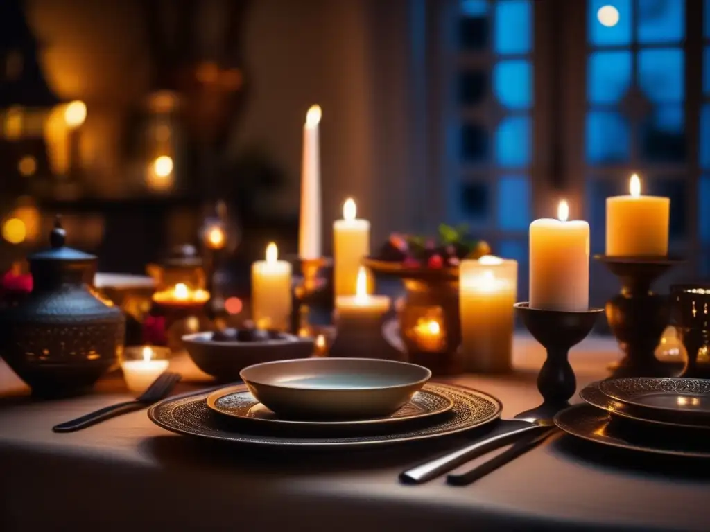 A dimly lit, rustic living room with a cozy candlelit table set for a romantic dining experience