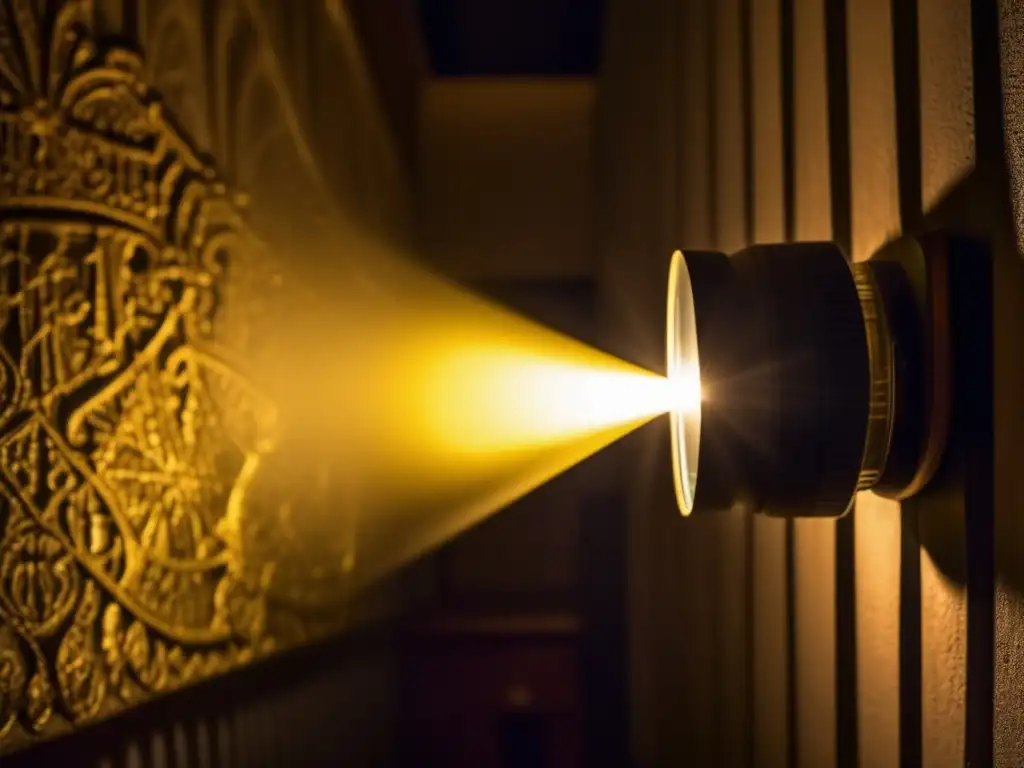 This stunning image captures the essence of a dark, mysterious room bathed in the warm glow of a windup flashlight