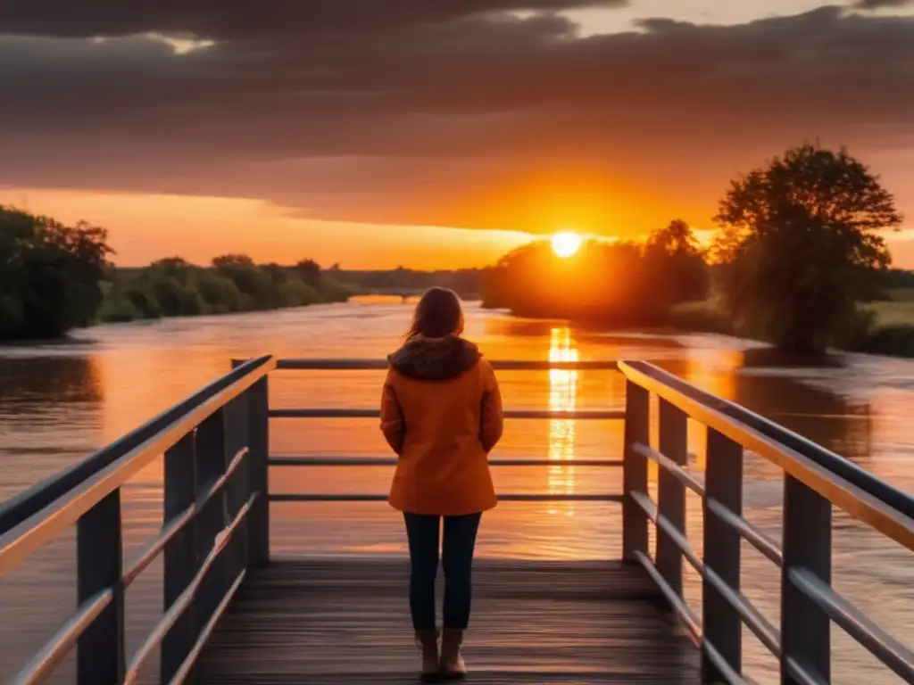 A woman stands alone on a bridge, her arms crossed tight against her chest