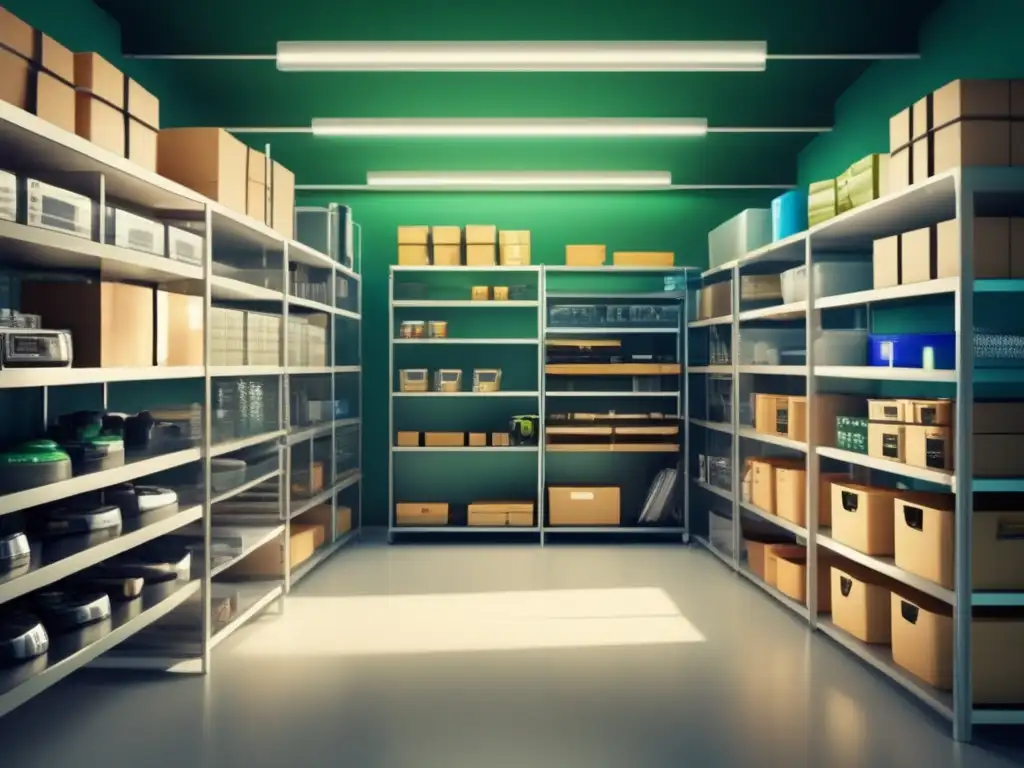 A breathtaking cinematic shot of a meticulously arranged inventory room, brimming with diverse items on neatly labelled shelves, under the warm embrace of natural sunlight streaming in through a grand window