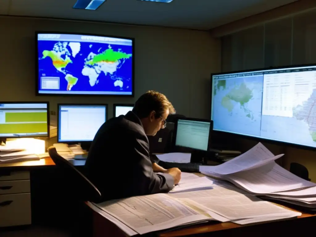 Investigative journalist deeply engrossed in analyzing Superstorm 2007 logs, surrounded by maps and documents