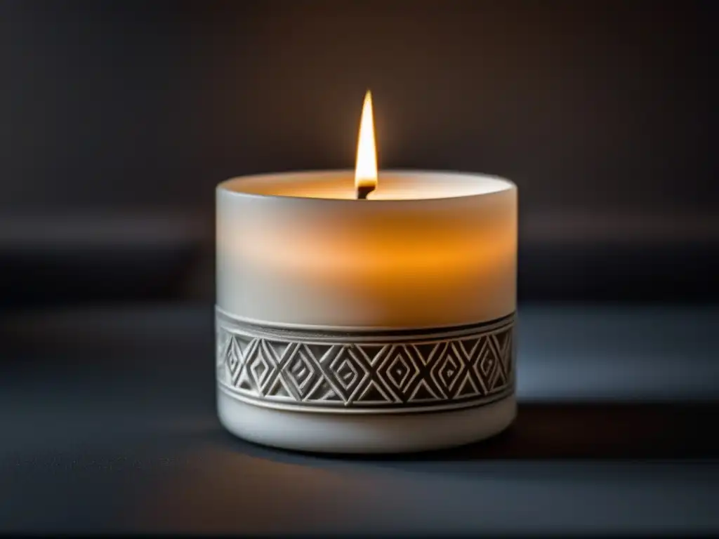 A stunning close-up of an elegant white candle, illuminated with a soft, warm glow against a dark background