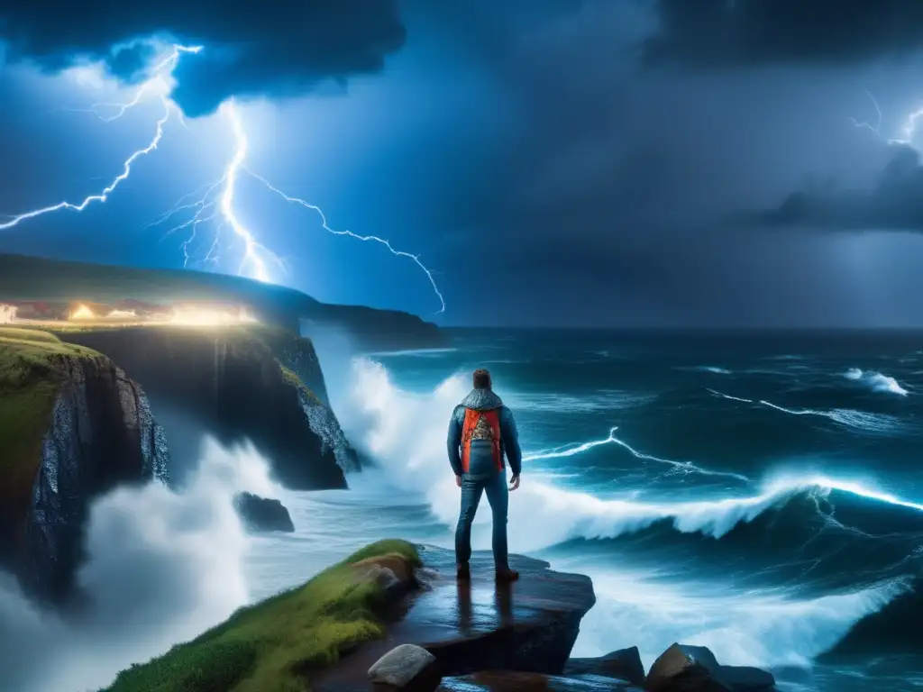 A breathtaking image of a lone man standing on the edge of a cliff, facing the fury of nature as lightning strikes and rain pours down, captures the intensity and danger of Isaac's storm, the deadliest hurricane in history