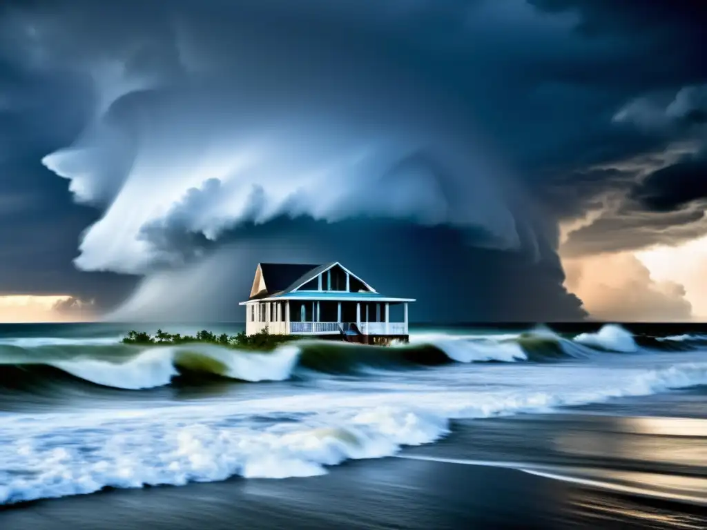 A gripping image of 'Isaac's Storm' raging through the Gulf of Mexico, in stark contrast with Isaac Lurie's modest bungalow home, where resilience and strength shine in the face of adversity