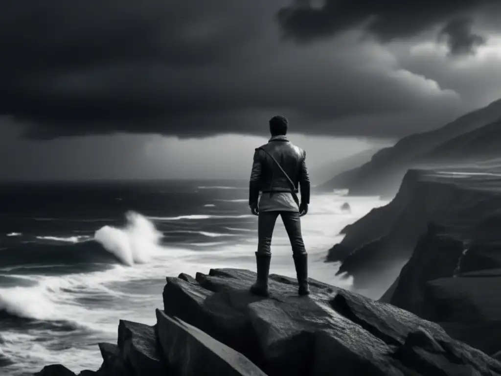 Isaac, the hero of 'Isaac's Storm,' stands resolutely atop a cliff, his arms crossed and gaze fixed on the tumultuous waves below