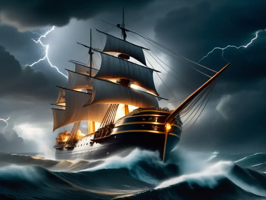 A towering ship is ruthlessly battered by a ferocious storm