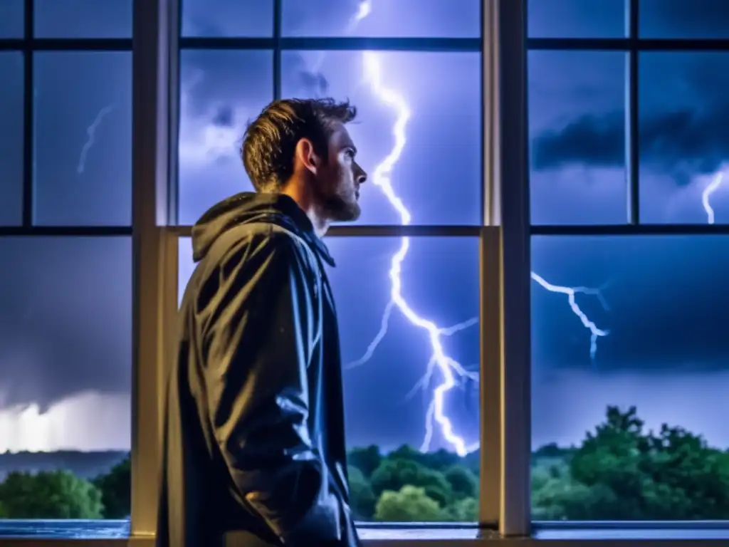 A man stands anxiously on a dark window sill, gazing out at the tumultuous night sky filled with lightning flashes