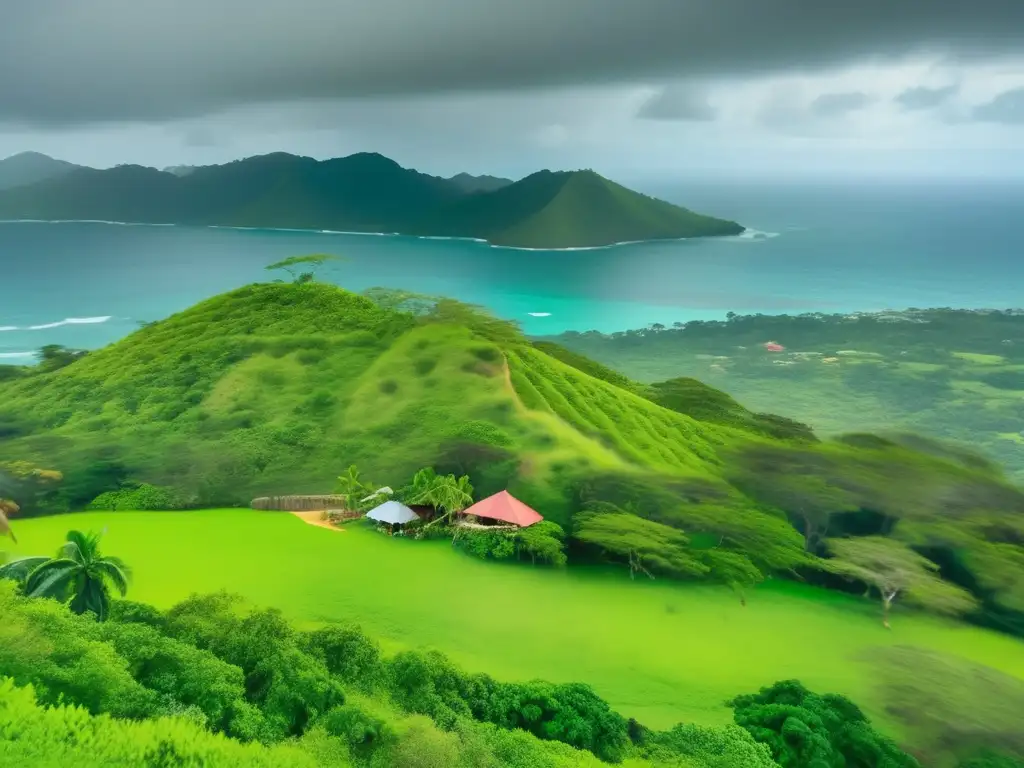 A serene yet ominous aerial view of green hills in Jamaica