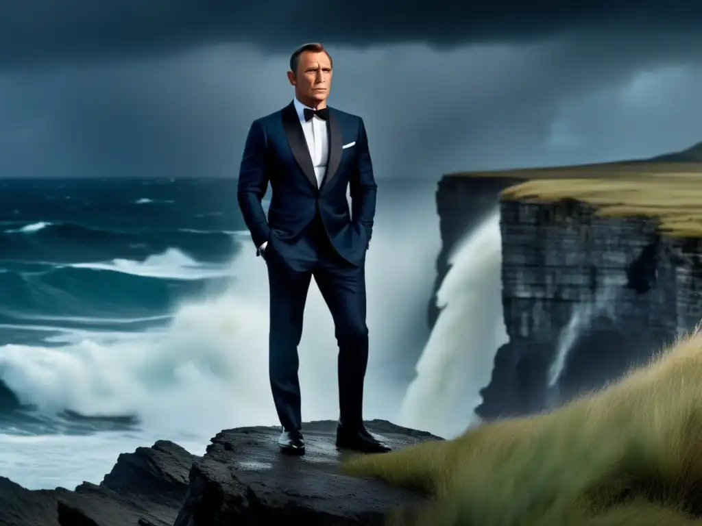 Dashing James Bond stands tall on the edge of the cliff, staring out at the calm ocean