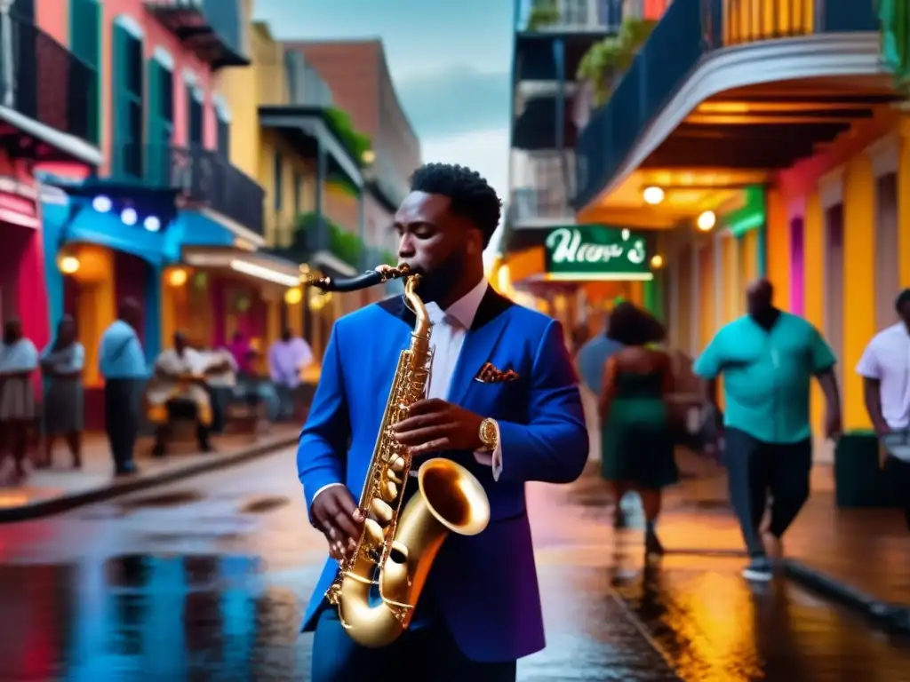 A haunting jazz tune echoes through the French Quarter as a saxophonist captivates the crowd with his stormy performance, surrounded by colorful NOLA architecture and boisterous spectators