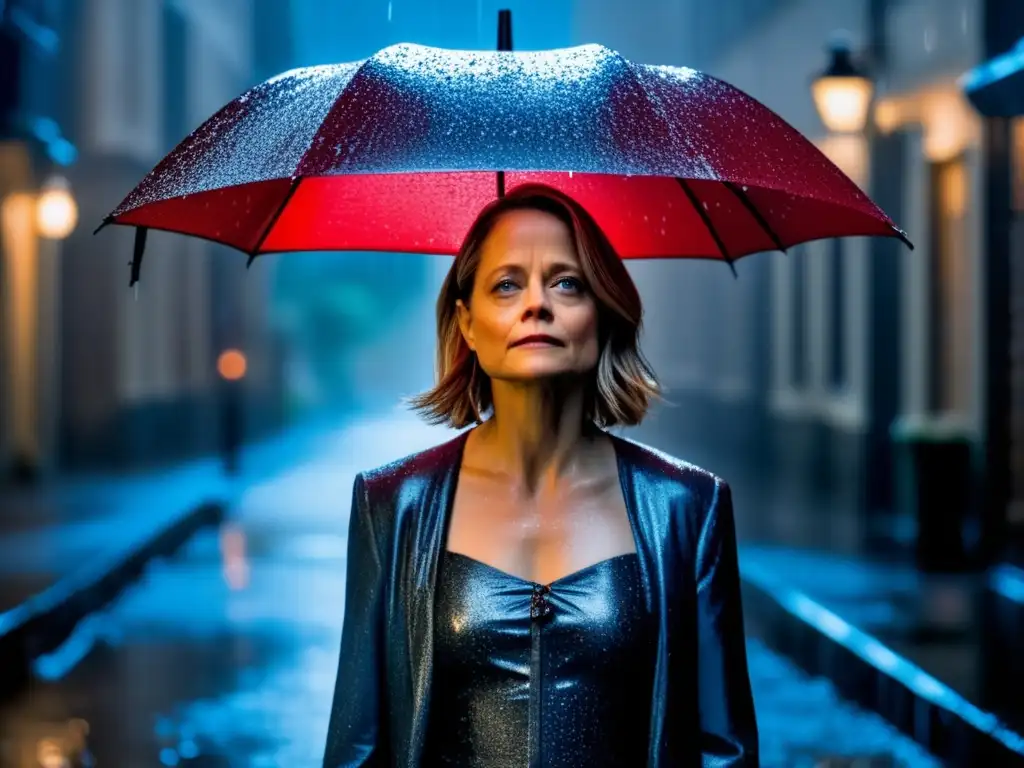 Jodie Foster, in a wet and soaked dress, stands alone in a dark and gloomy alley