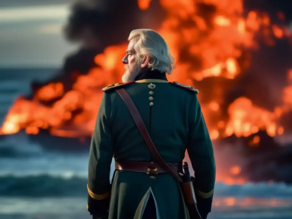 In the height of battle, Lieutenant John Ross, portrayed by the legendary Donald Sutherland, stares into the fiery depths of the ocean, his eyes filled with determination, as the waves crash against the raging ship from 'Oceans of Fire' (1986, TV movie)