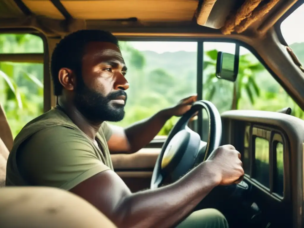 A determined driver steers through a dense, green jungle, navigating uneven terrain with confidence as the truck creaks and groans in response