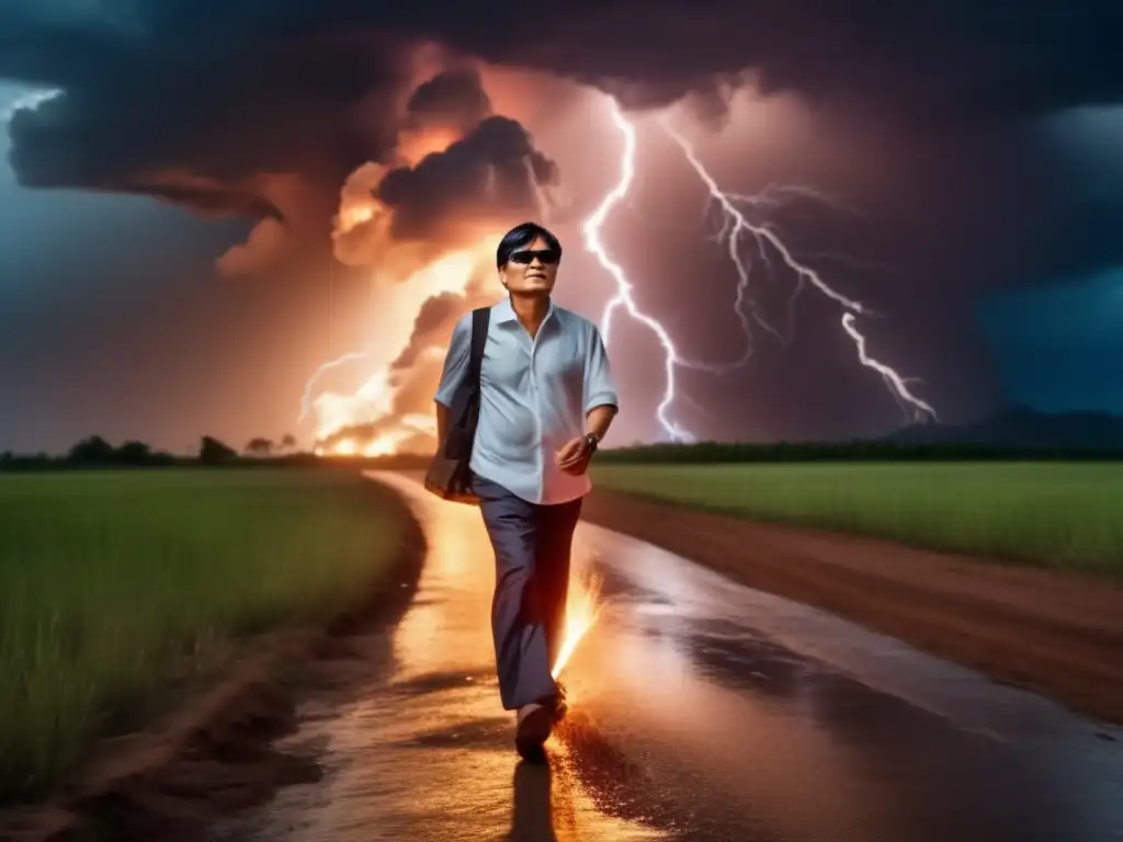 Chen Guangcheng, fearless in his fight for justice and freedom, walks barefoot through a fierce lightning storm, embodying the spirit of resilience in the face of adversity, evoking a sense of dramatic urgency and determination in the reader