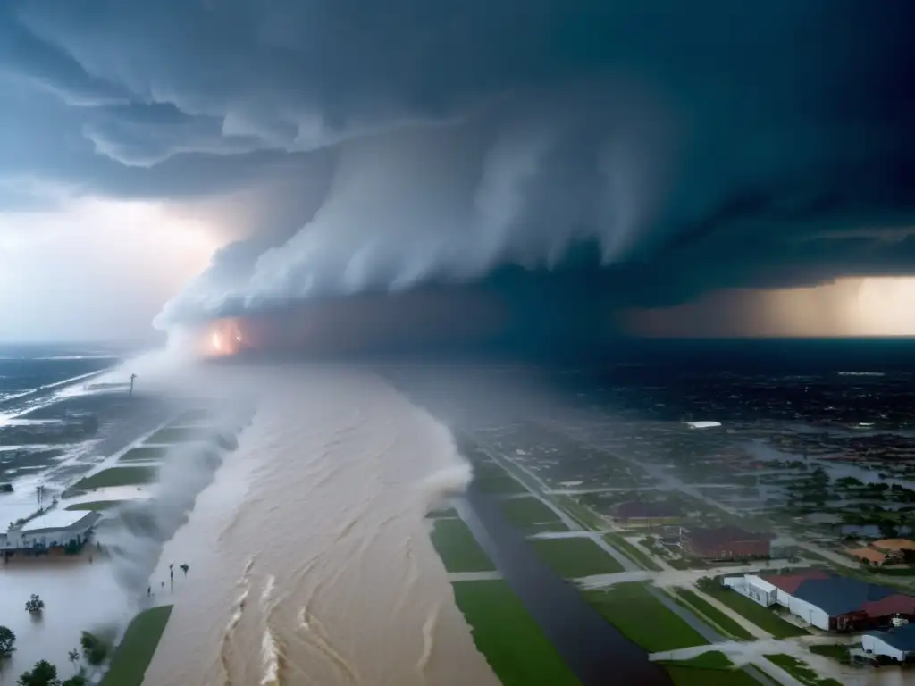 Hurricane Katrina's destructive power and intensity, at the forefront of the frame, with a cinematic style that captures the magnitude of the disaster