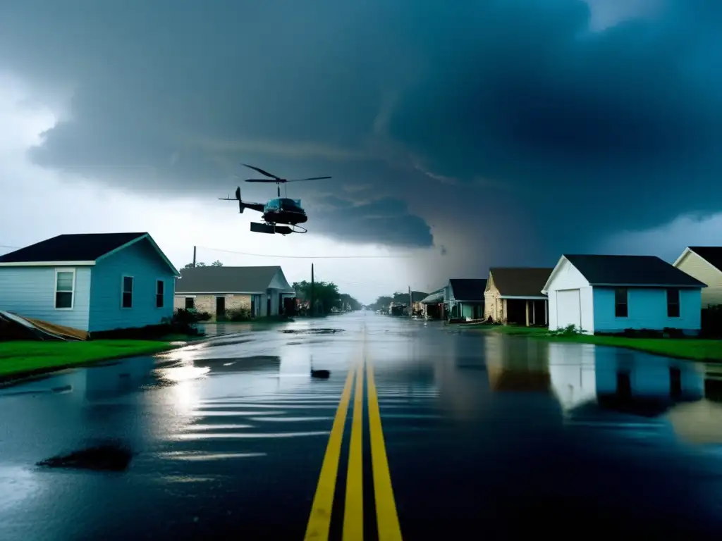 A poignant image of Hurricane Katrina's aftermath, captured in a dramatic, cinematic style, shows a flooded street with dilapidated houses and debris scattered throughout