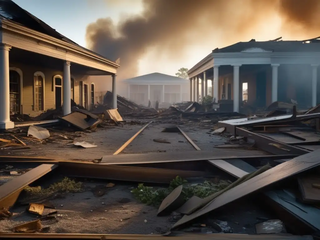 A grim crime scene investigation at the heart of the shattered New Orleans TimesPicayune building, where Hurricane Katrina's destruction is palpable through the debris-layered roof and the faint specters of former readers' sections hidden behind the smoke and dust