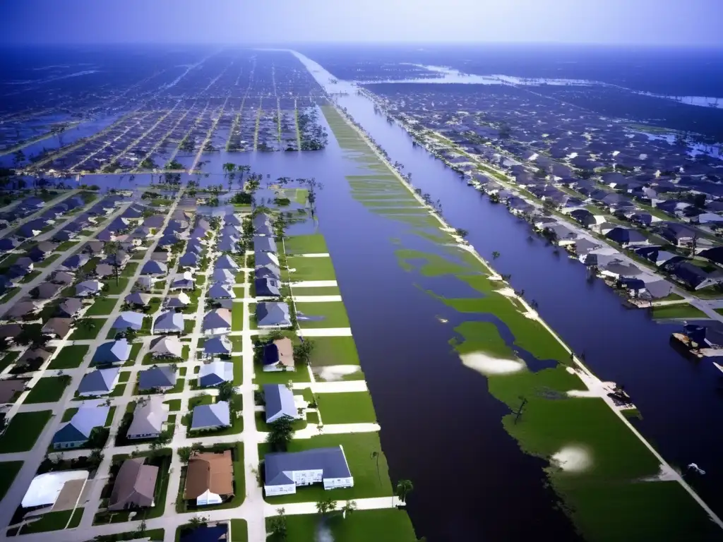 A poignant aerial view of Hurricane Katrina's devastation in 2005, with wrecked buildings and inundated streets bathed in a moody, muted color palette