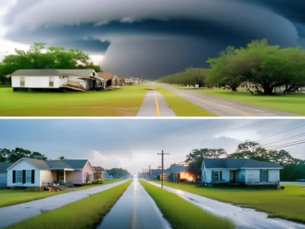 This image compares the real-life response to Hurricane Katrina in 2006 with a scene from a popular hurricane movie, both featuring chaos and despair