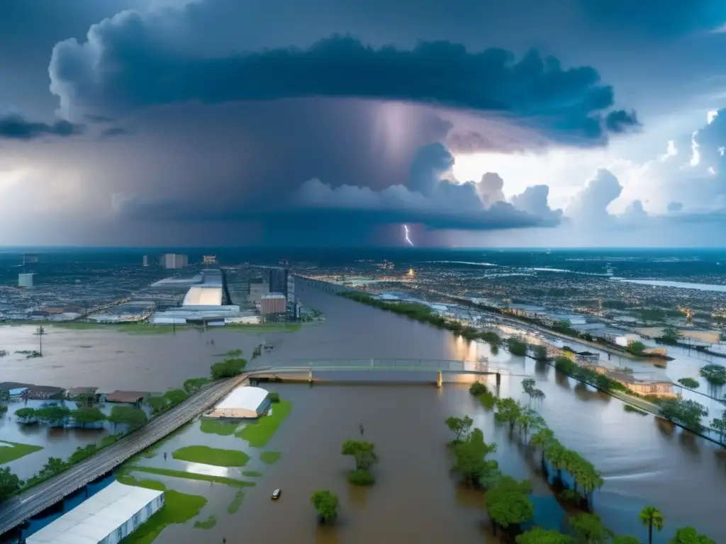 The poignant image captures Hurricane Katrina's devastating impact on New Orleans, with swirling clouds and flooded streets