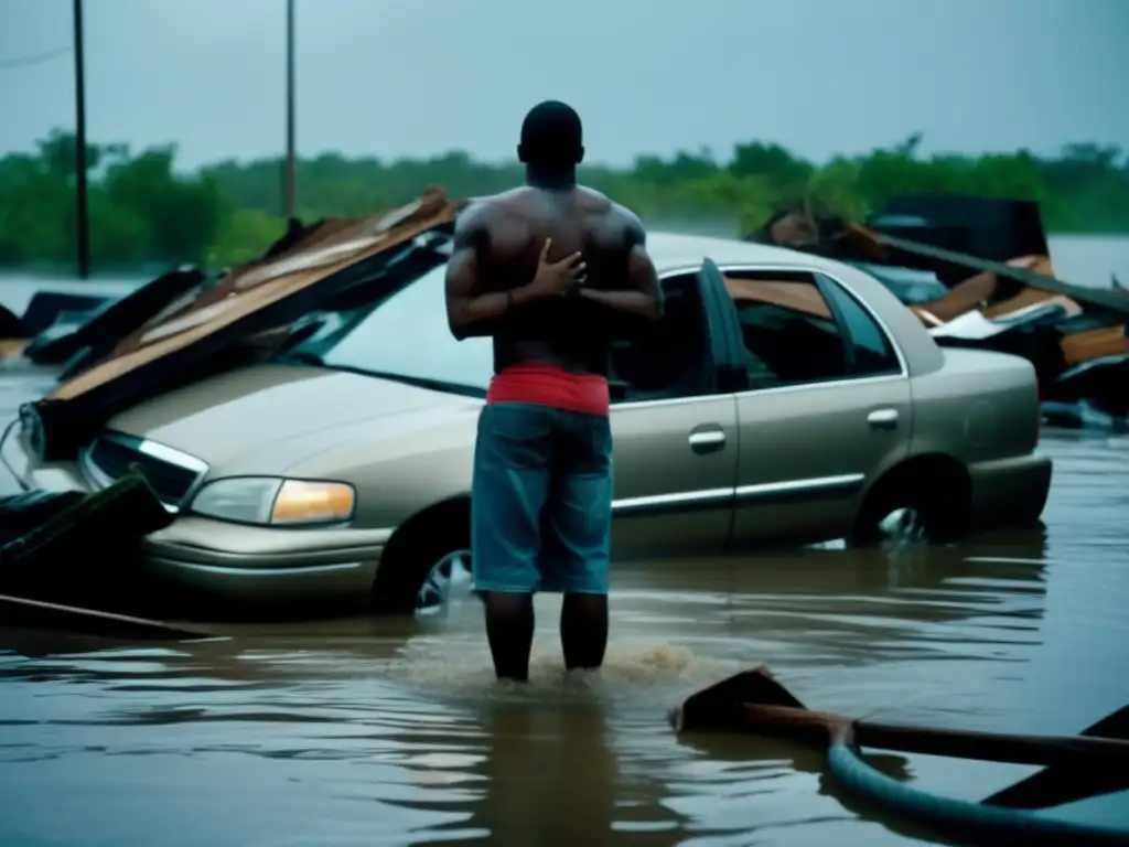 Amidst the wreckage of Hurricane Katrina: A person stands tall and unyielding on a submerged car, their eyes fixed on the horizon