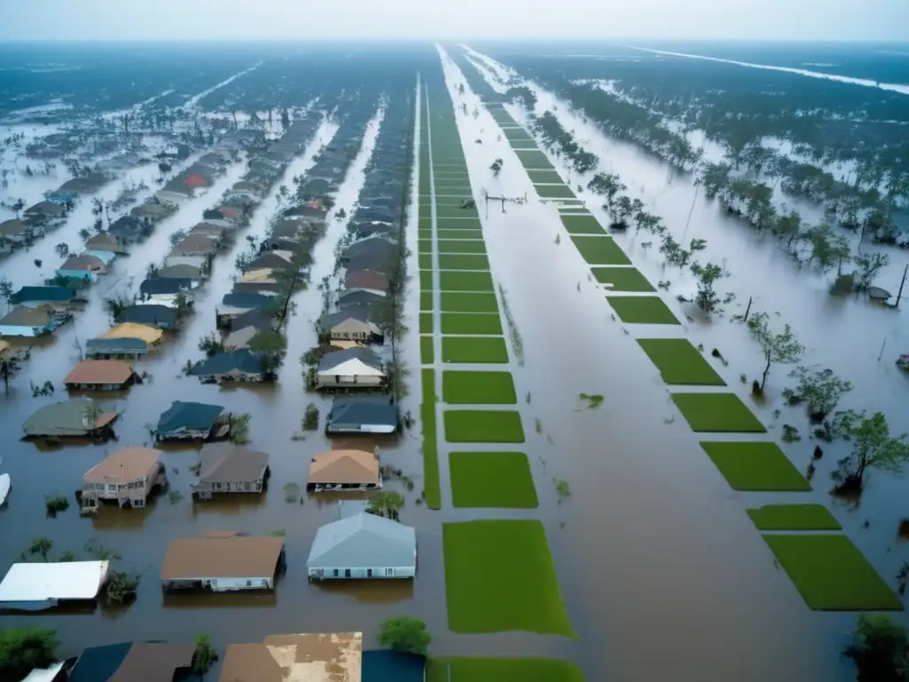 An 8k ultradetailed image that captures the devastating aftermath of Hurricane Katrina: flooded streets, destroyed buildings, and devastated people