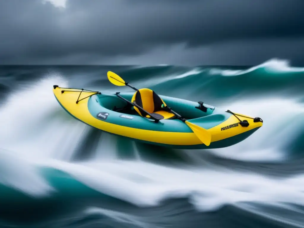 An inflatable kayak bravely faces the raging waves and whitecaps, prepared for any storm that comes its way