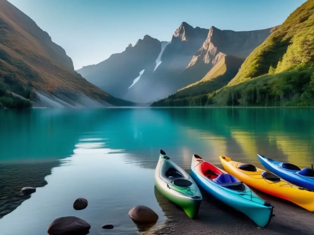 A person gazes out at the serene horizon, surrounded by vibrant inflatable kayaks bobbing in a clear lake