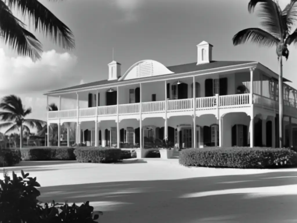 A black and white photograph of the Key Largo Hotel in Florida, featured in the iconic 1948 film