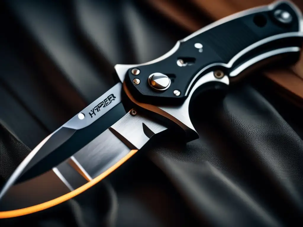 A tactical folding knife, half-opened and glowing in the dim light, with intricate textures of the grip and blade surface visible