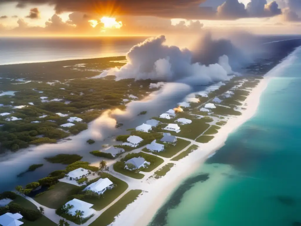 Aerial view of the 1935 Labor Day Hurricane's devastation in the Florida Keys, as it obliterates homes, cars, and buildings