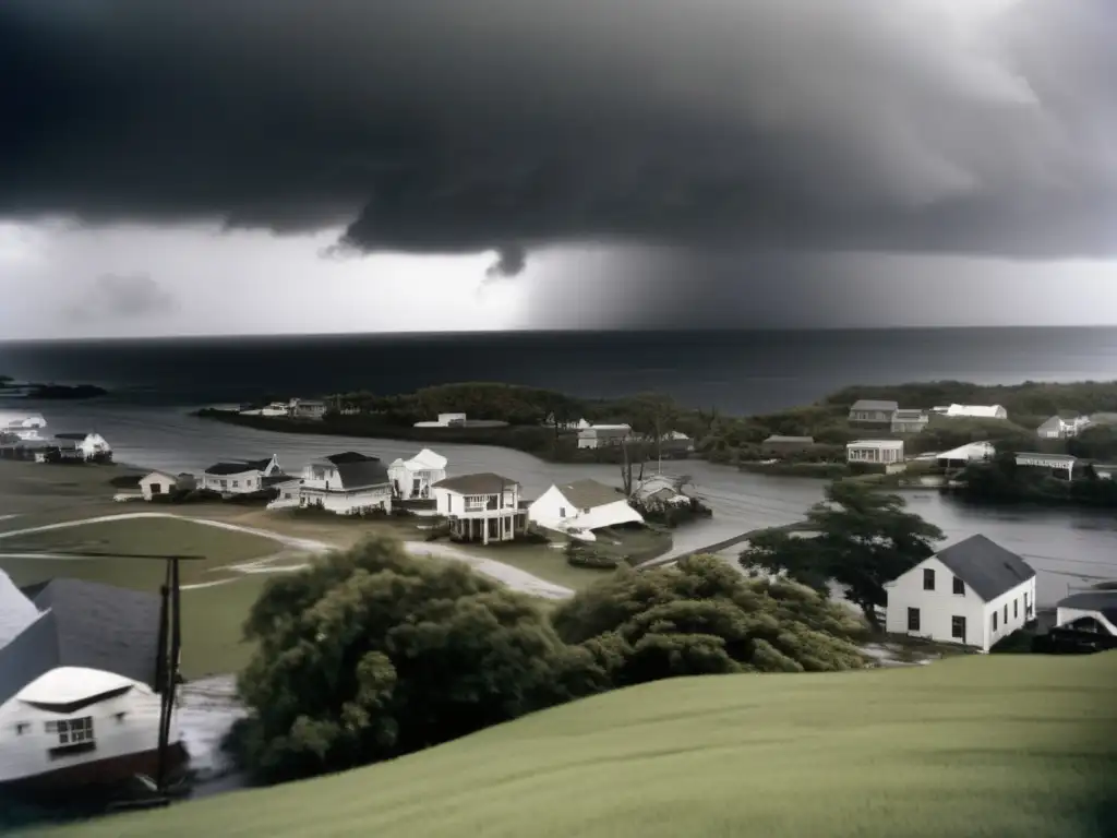 A haunting image of the Labor Day Hurricane of 1935 during landfall, captured from a hillside vantage point