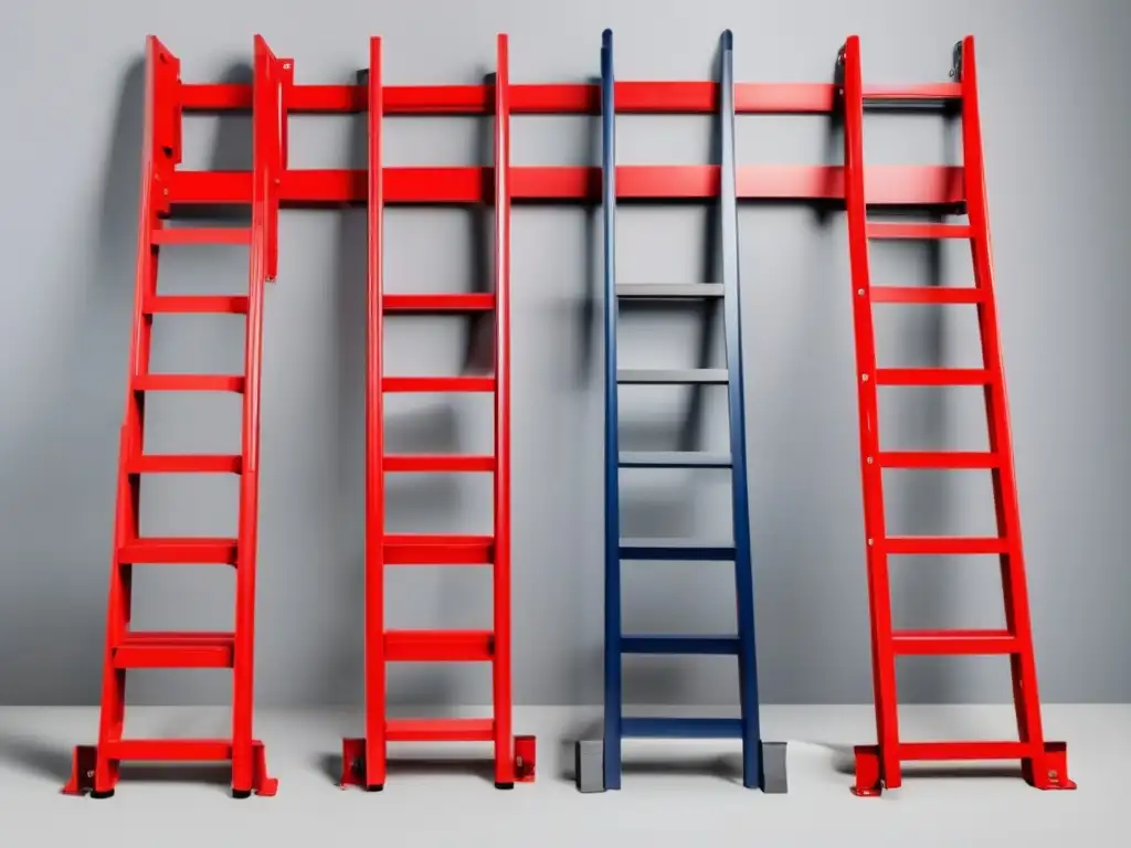 Five or six ladders of different colors and lengths, including a bright red one, displayed against a white background