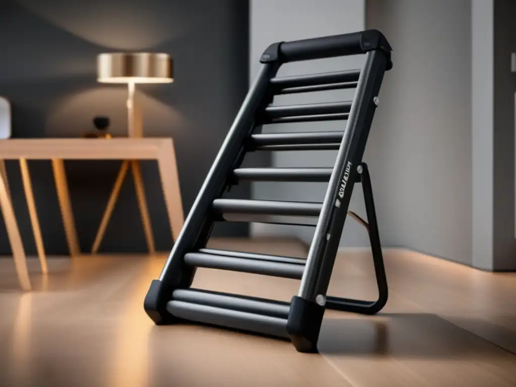 A stunning closeup shot of a foldable ladder, showcasing its intricate design and durable surface