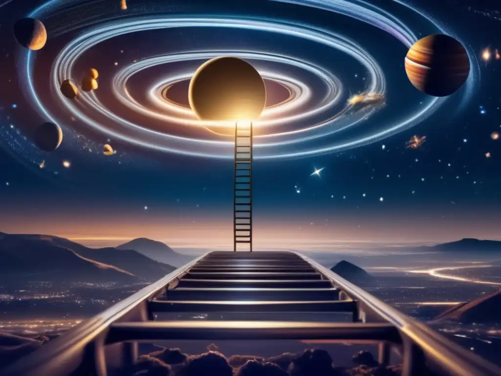 A cosmic journey unfurls before us as we climb up the interconnected telescopic ladders, gazing into the star-studded night sky