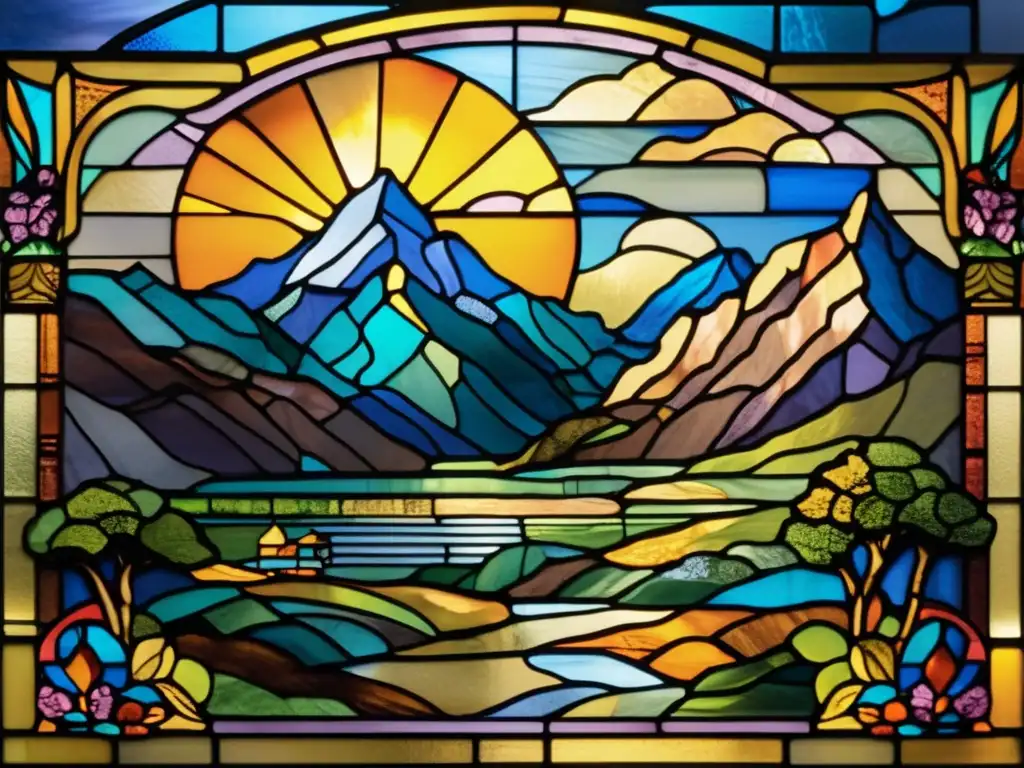 Dash: A mesmerizing stained glass window captures the beauty of Zeitoun's landscape, with towering mountains, rolling hills, and flowing clouds