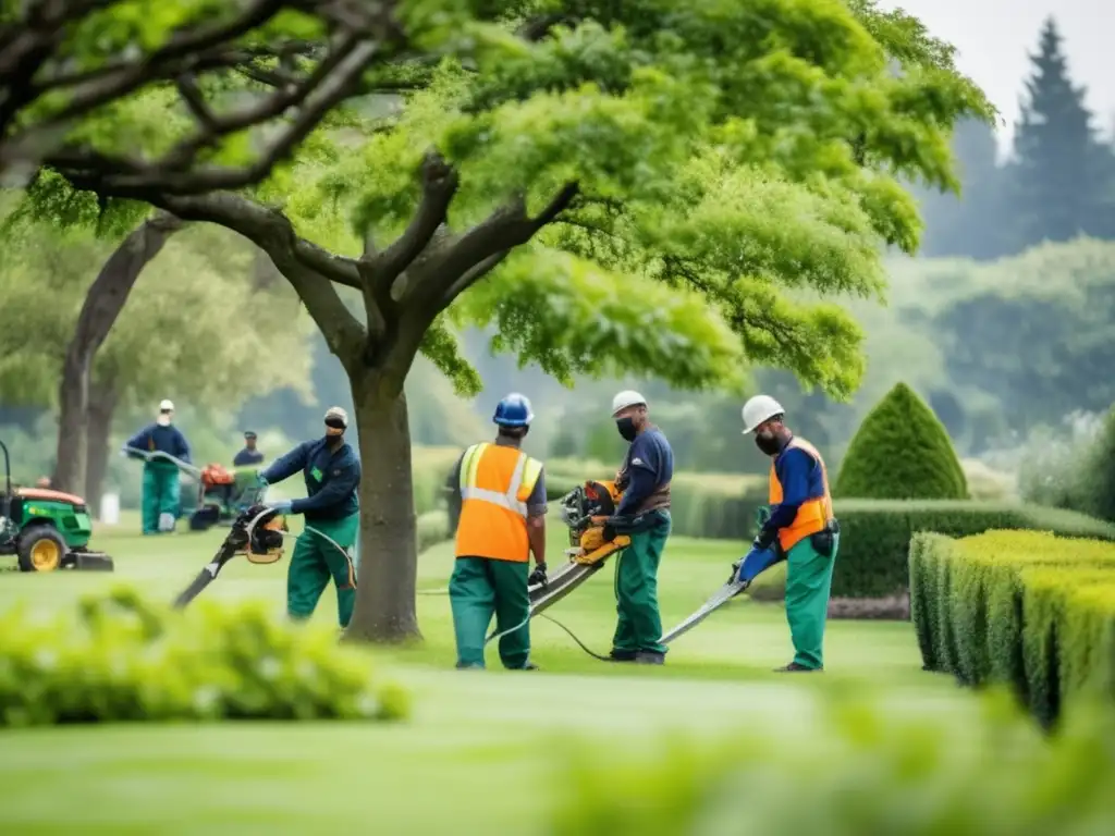 An image depicts a maintenance team of workers meticulously pruning trees and shrubs by hand in a verdant backyard