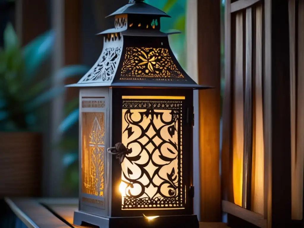 Lantern with intricate designs and patterns glows warmly under candlelight: An antique rustic feel fills the room, coziness in every corner