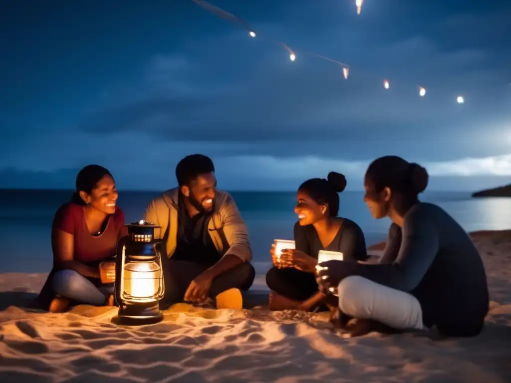 A dimly lit room filled with intricately designed saltwater-powered lanterns, emitting a warm and inviting light that dances around the space