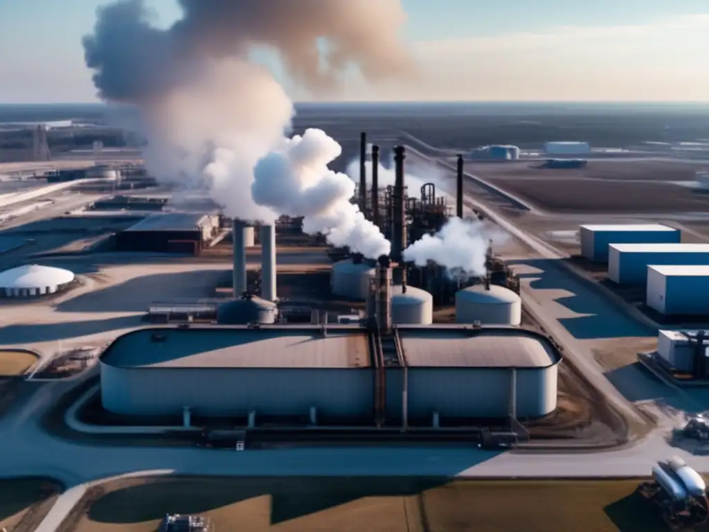 A drone sweeps high above an industrial complex, capturing detailed footage of pipelines, structures, and equipment